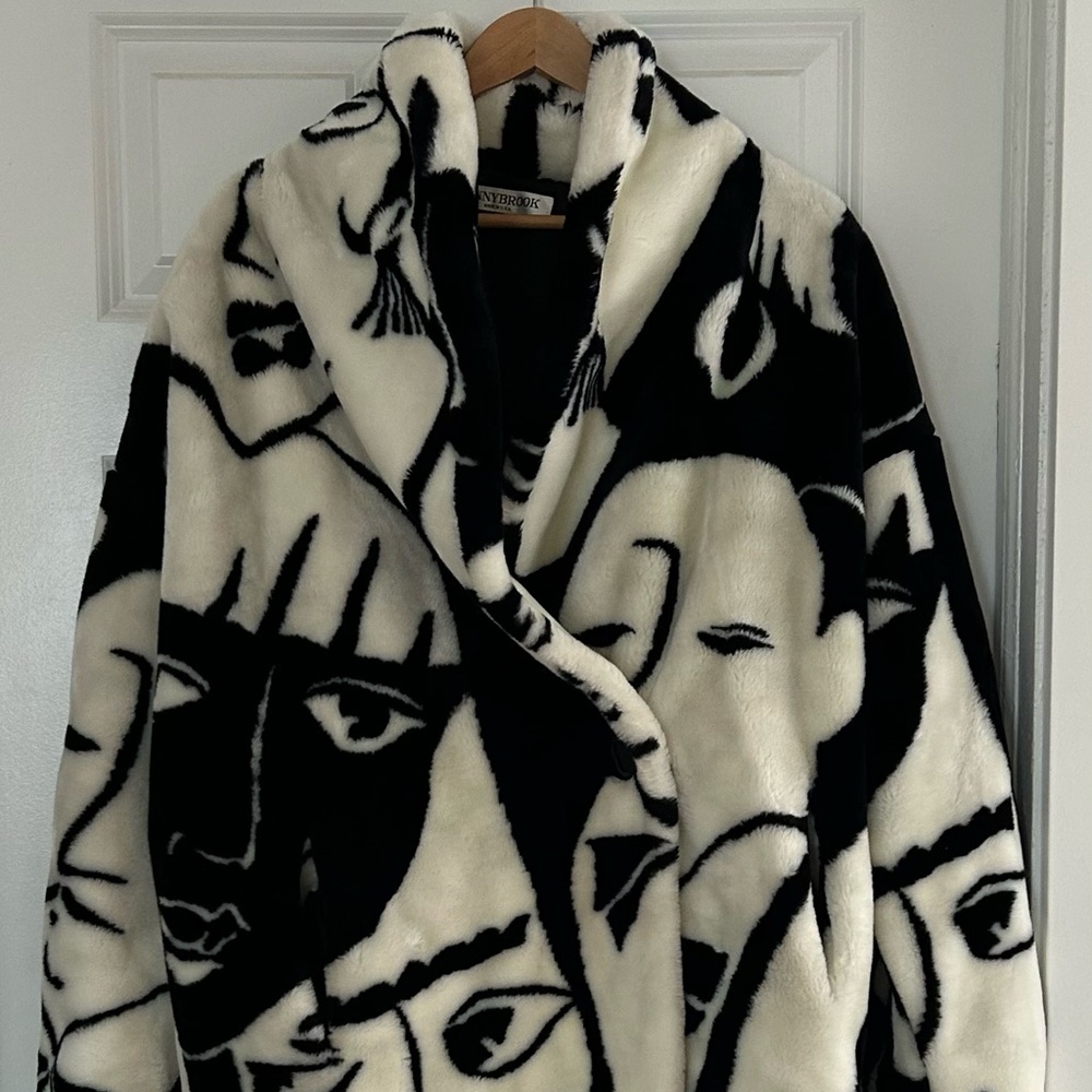 Vintage Artistic Picasso Faces Black and White Faux Fur Jacket